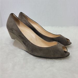 Christian Louboutin Brown Suede Wedge Sole Peep Toe Pumps Shoes Size 6 US